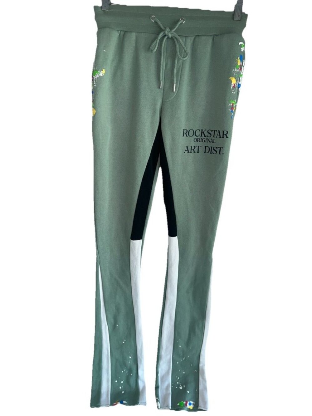 Rockstar Original Art Dist Mens Raffer Flare Sweatpants Sz XS Green Paint Splat